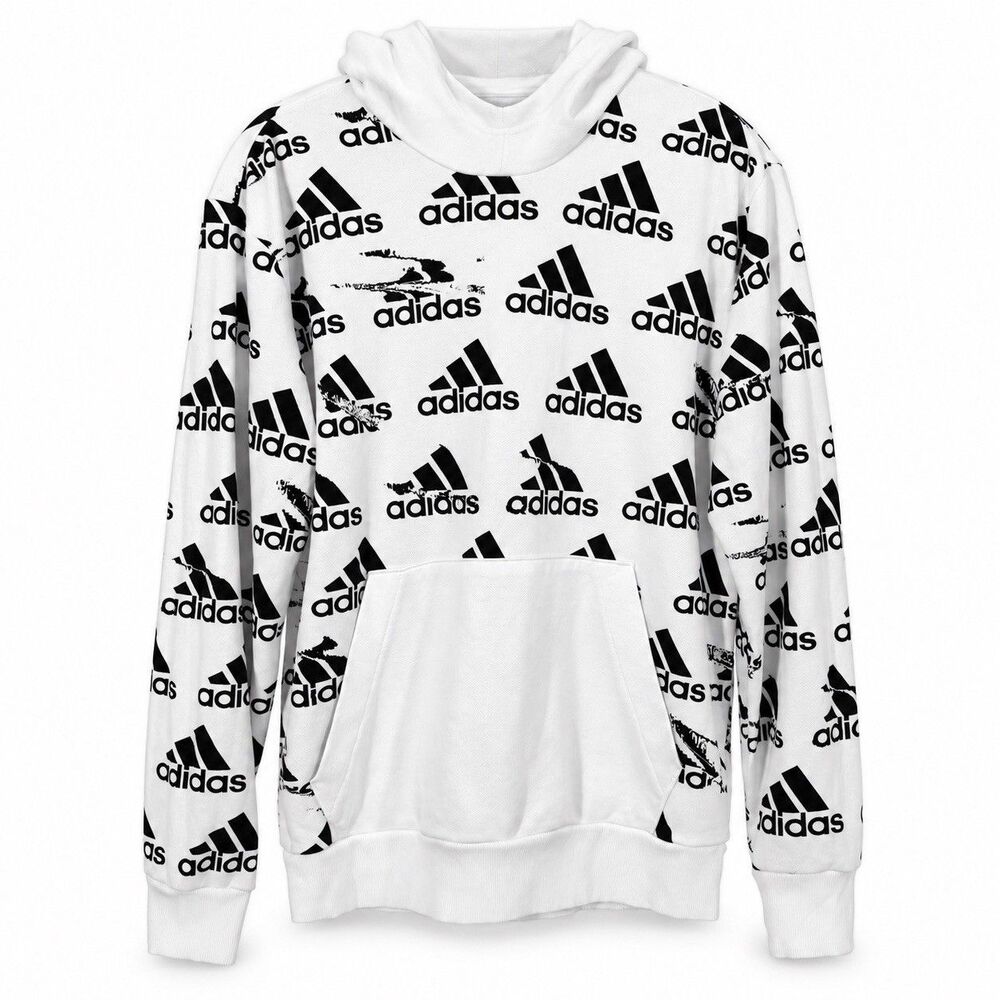 Adidas Hoodie Men Medium White Black All Over Logo Print Pullover Sweatshirt